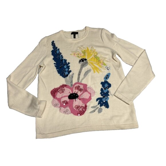 Escada Sweater Virgin Wool Embroidered Flowers Women's Size S FLAW - Picture 1 of 9